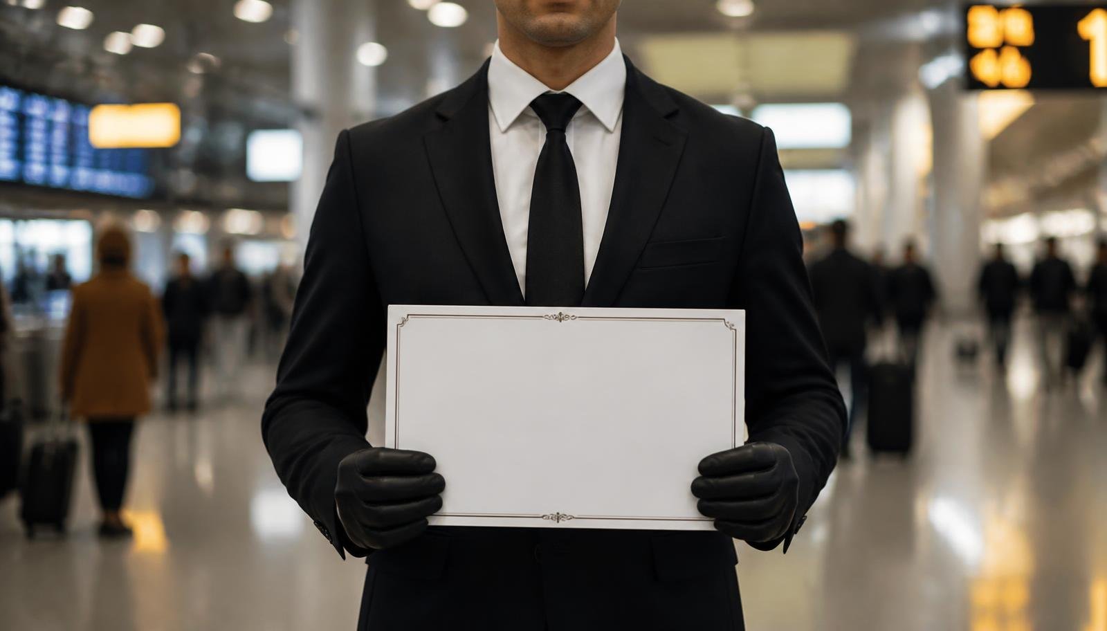 Chauffeur MEXVTC accueillant un passager avec un panneau nominatif à l'aéroport Lyon-Saint-Exupéry